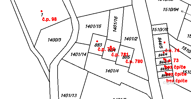 Lom 781 na parcele st. 884 v KÚ Lom u Mostu, Katastrální mapa