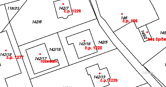 Lyžbice 1220, Třinec na parcele st. 142/16 v KÚ Lyžbice, Katastrální mapa