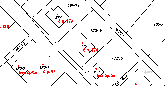 Dolní Bělá 174 na parcele st. 335 v KÚ Dolní Bělá, Katastrální mapa