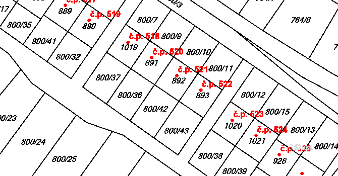 Hanušovice 521 na parcele st. 892 v KÚ Hanušovice, Katastrální mapa