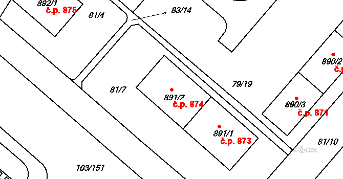 Neratovice 874 na parcele st. 891/2 v KÚ Neratovice, Katastrální mapa