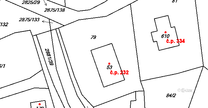 Ledce 232 na parcele st. 53 v KÚ Ledce u Plzně, Katastrální mapa