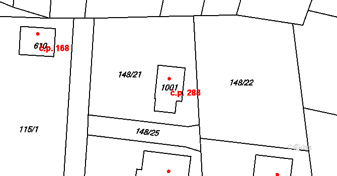 Krhanice 288 na parcele st. 1001 v KÚ Krhanice, Katastrální mapa