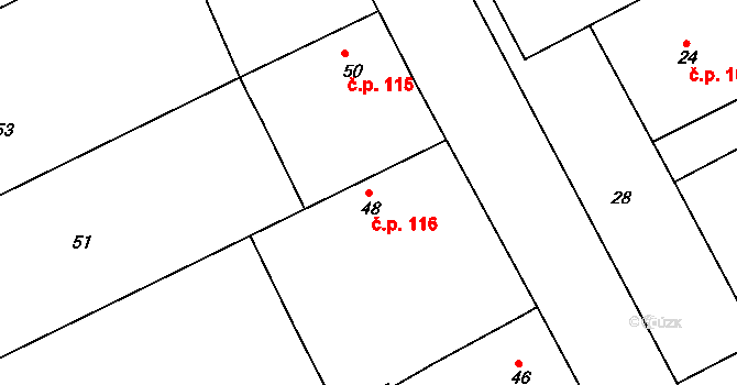 Hlízov 116 na parcele st. 48 v KÚ Hlízov, Katastrální mapa