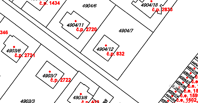 Jihlava 832 na parcele st. 4904/12 v KÚ Jihlava, Katastrální mapa