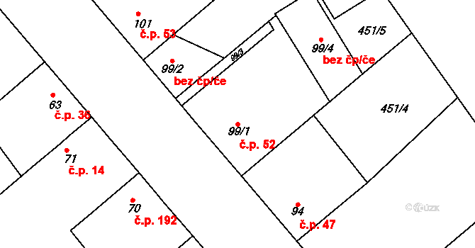 Sedlčánky 52, Čelákovice na parcele st. 99/1 v KÚ Sedlčánky, Katastrální mapa
