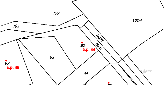 Vlčkovice 44, Praskačka na parcele st. 92 v KÚ Vlčkovice u Praskačky, Katastrální mapa