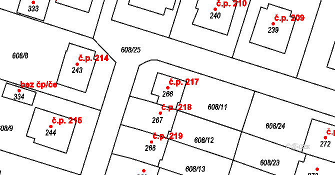 Stěžery 217 na parcele st. 266 v KÚ Stěžery, Katastrální mapa