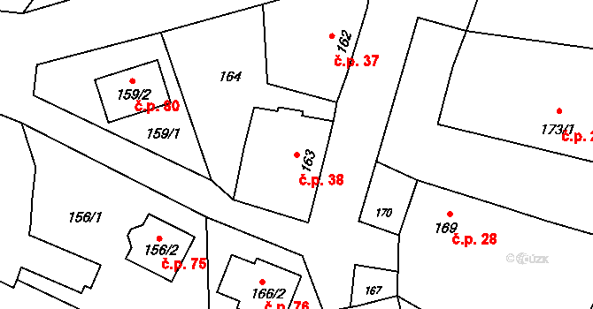 Lazce 38, Troubelice na parcele st. 163 v KÚ Lazce u Troubelic, Katastrální mapa