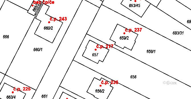 Poříčí 217, Boršov nad Vltavou na parcele st. 657 v KÚ Boršov nad Vltavou, Katastrální mapa