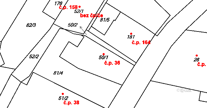 Chomutice 36 na parcele st. 50/1 v KÚ Chomutice, Katastrální mapa