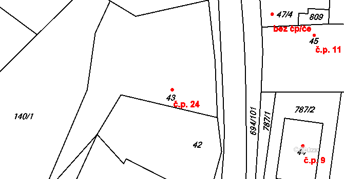 Milovice u Hořic 24 na parcele st. 43 v KÚ Milovice u Hořic, Katastrální mapa