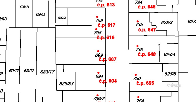 Lysá nad Labem 607 na parcele st. 699 v KÚ Lysá nad Labem, Katastrální mapa