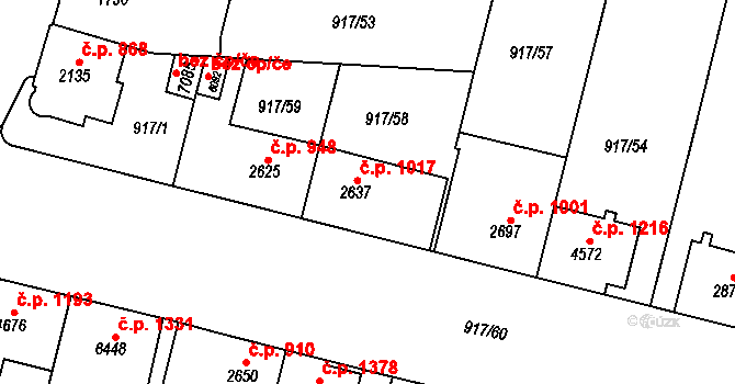 Horka-Domky 1017, Třebíč na parcele st. 2637 v KÚ Třebíč, Katastrální mapa