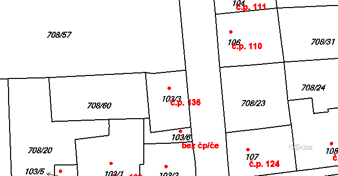 Vršovice 136 na parcele st. 103/3 v KÚ Vršovice u Loun, Katastrální mapa