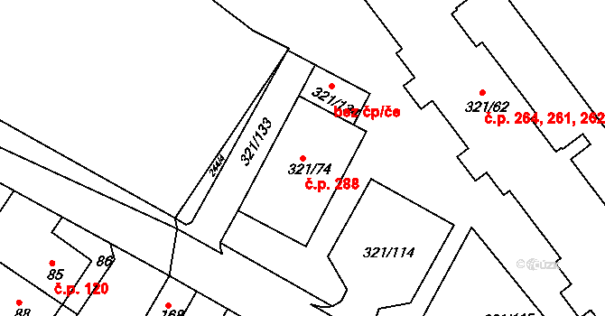 Prosetice 288, Teplice na parcele st. 321/74 v KÚ Prosetice, Katastrální mapa
