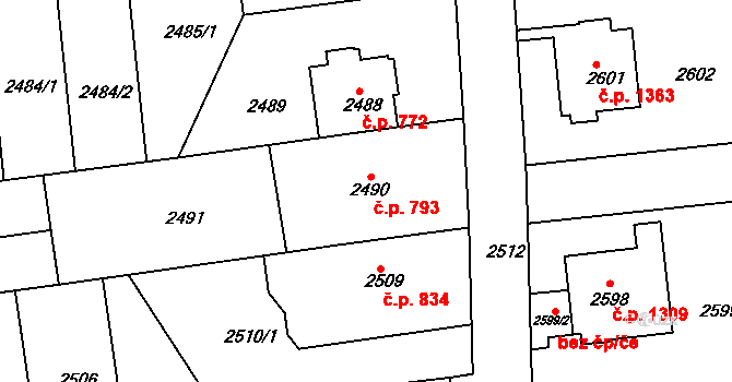 Strašnice 793, Praha na parcele st. 2490 v KÚ Strašnice, Katastrální mapa