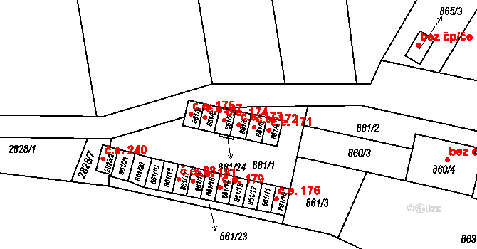 Střelice 173 na parcele st. 861/6 v KÚ Střelice u Brna, Katastrální mapa