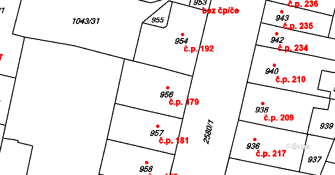 Lobzy 179, Plzeň na parcele st. 956 v KÚ Doubravka, Katastrální mapa