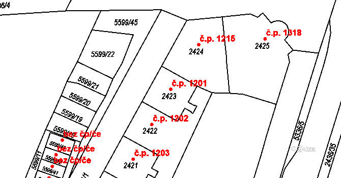 Východní Předměstí 1201, Plzeň na parcele st. 2423 v KÚ Plzeň 4, Katastrální mapa