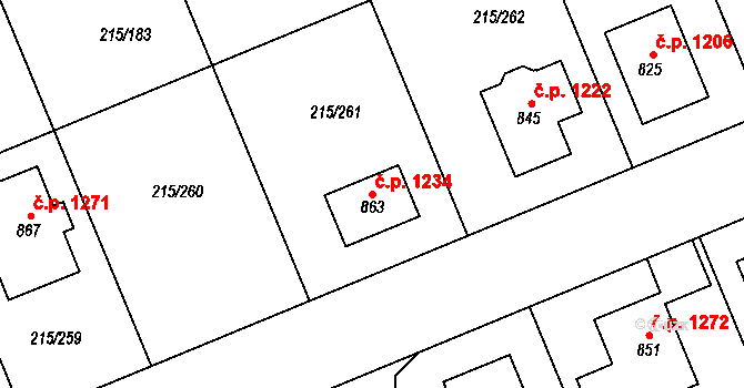 Rudná 1234 na parcele st. 863 v KÚ Hořelice, Katastrální mapa