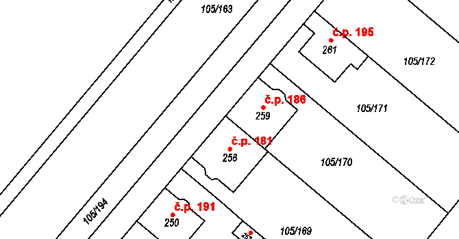 Sušice 186 na parcele st. 259 v KÚ Sušice u Uherského Hradiště, Katastrální mapa