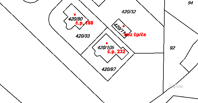 Bdeněves 232 na parcele st. 420/105 v KÚ Bdeněves, Katastrální mapa
