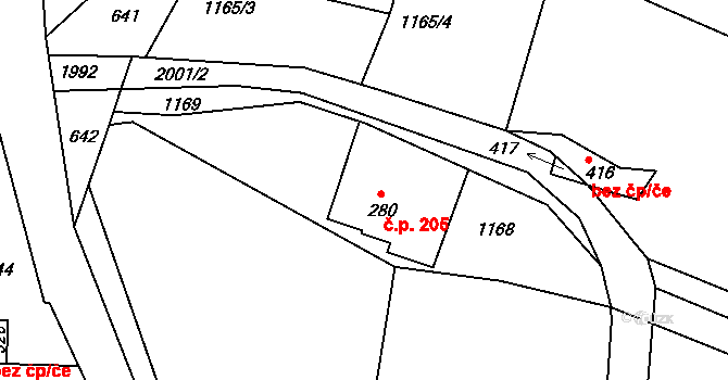 Skuhrov nad Bělou 205 na parcele st. 280 v KÚ Skuhrov nad Bělou, Katastrální mapa