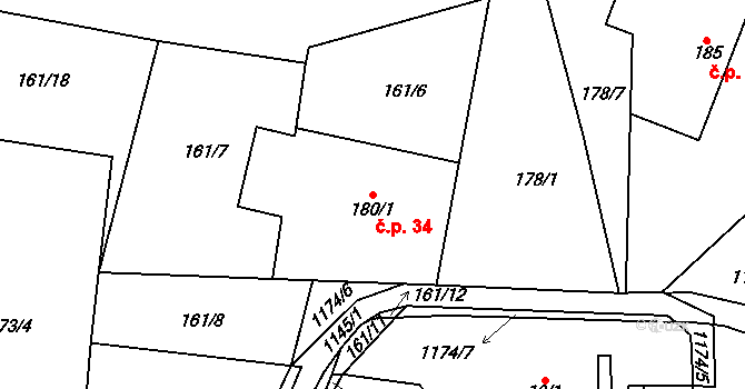Vlčková 34 na parcele st. 180/1 v KÚ Vlčková, Katastrální mapa