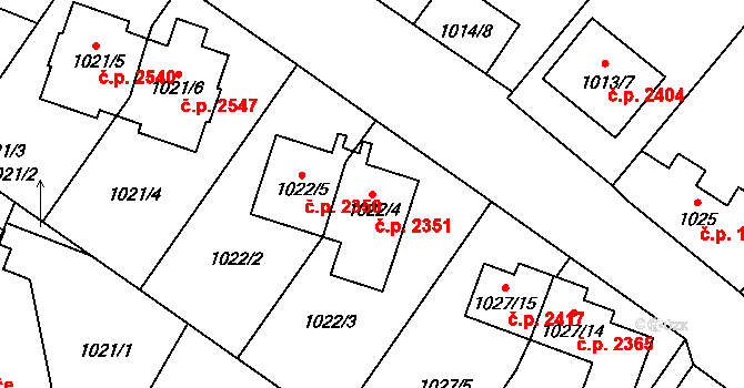 Předměstí 2351, Opava na parcele st. 1022/4 v KÚ Opava-Předměstí, Katastrální mapa