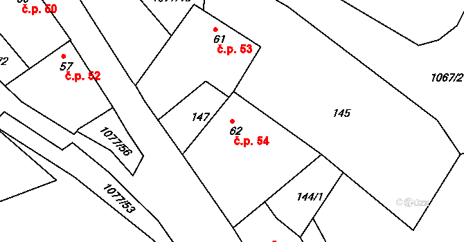 Čimelice 54 na parcele st. 62 v KÚ Čimelice, Katastrální mapa