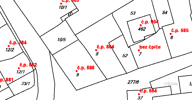 Rudná 584 na parcele st. 8 v KÚ Hořelice, Katastrální mapa