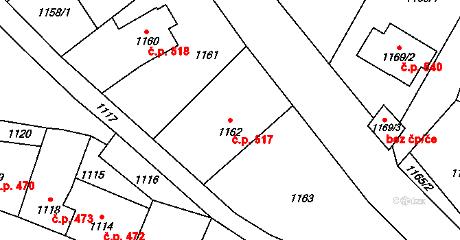Konice 517 na parcele st. 1162 v KÚ Konice, Katastrální mapa