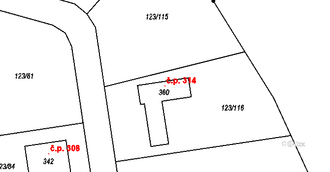 Černá u Bohdanče 314 na parcele st. 360 v KÚ Černá u Bohdanče, Katastrální mapa