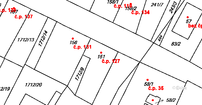 Tymákov 127 na parcele st. 151 v KÚ Tymákov, Katastrální mapa