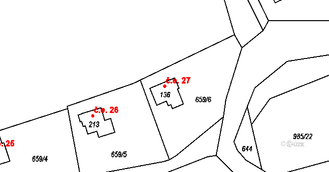 Řehenice 27 na parcele st. 136 v KÚ Malešín, Katastrální mapa