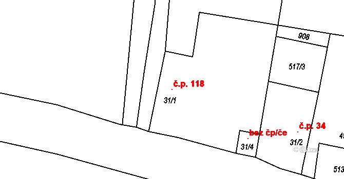 Branišov 118 na parcele st. 31/1 v KÚ Branišov u Dubného, Katastrální mapa