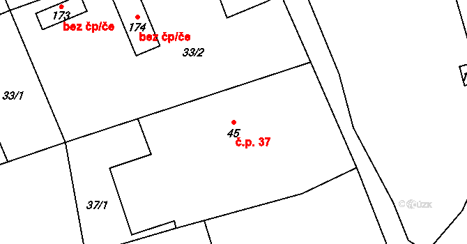 Obora 37, Doksy na parcele st. 45 v KÚ Obora v Podbezdězí, Katastrální mapa