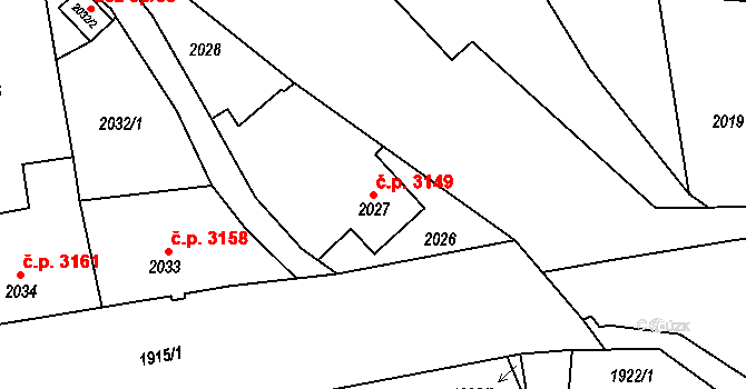 Větrov 3149, Frýdlant na parcele st. 2027 v KÚ Frýdlant, Katastrální mapa