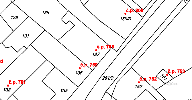 Březce 758, Štěpánov na parcele st. 137 v KÚ Březce, Katastrální mapa