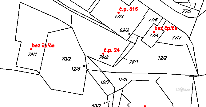 Všebořice 24, Ústí nad Labem na parcele st. 78/2 v KÚ Všebořice, Katastrální mapa