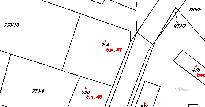 Brtnice 47, Velké Popovice na parcele st. 204 v KÚ Velké Popovice, Katastrální mapa