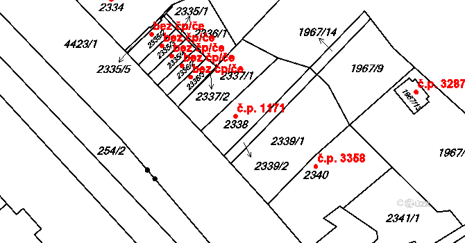 Teplice 1171 na parcele st. 2338 v KÚ Teplice, Katastrální mapa