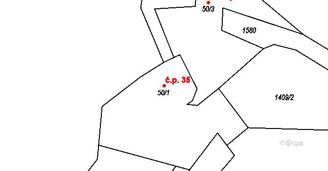 Okrouhlé Hradiště 35, Konstantinovy Lázně na parcele st. 50/1 v KÚ Okrouhlé Hradiště, Katastrální mapa