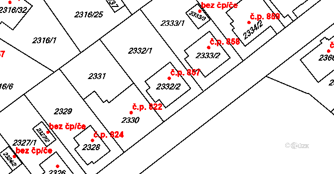 Radotín 857, Praha na parcele st. 2332/2 v KÚ Radotín, Katastrální mapa