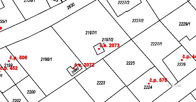 Radotín 2073, Praha na parcele st. 2197/2 v KÚ Radotín, Katastrální mapa