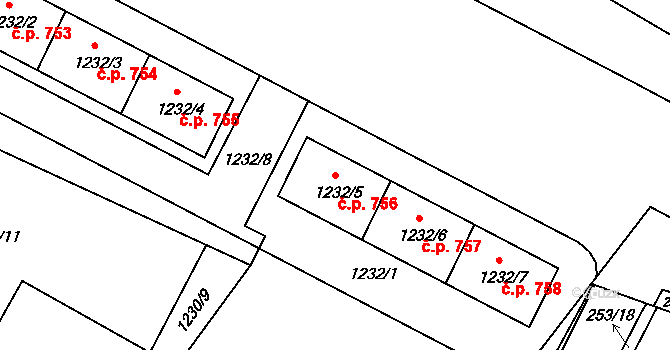 Podolí 756, Praha na parcele st. 1232/5 v KÚ Podolí, Katastrální mapa