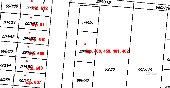 Čimice 459,460,461,462, Praha na parcele st. 990/69 v KÚ Čimice, Katastrální mapa