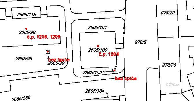 Kyje 1204, Praha na parcele st. 2665/100 v KÚ Kyje, Katastrální mapa