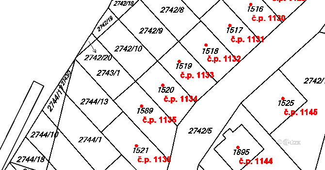 Rosice 1134 na parcele st. 1520 v KÚ Rosice u Brna, Katastrální mapa